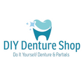 Logo for DIY Denture Shop in teal blue with tooth above letters 